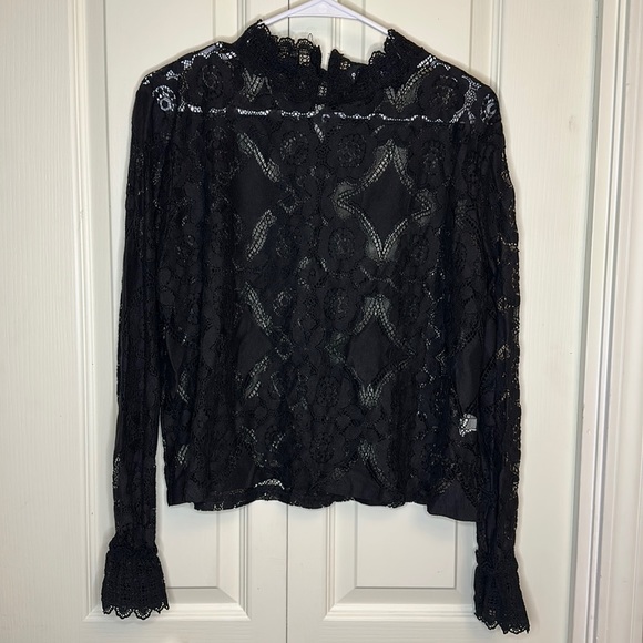Guyueqiqin Cute Lace Ruffle Turkoise Neck Black Long Sleeve Blouse Size Large - Picture 1 of 7